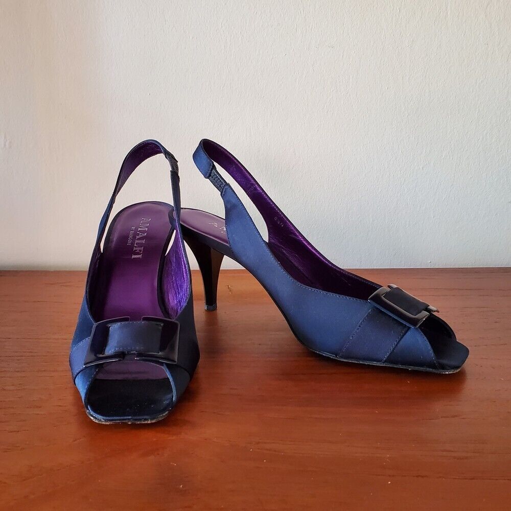 Vintage Amalfi by Rangoni Navy Silk Slingback Open Toe Heels Womens 8.5N Italian